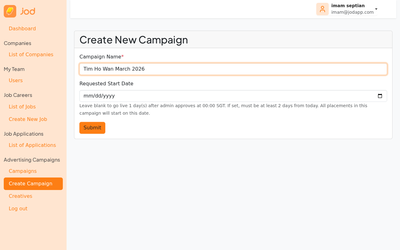 Create campaign form filled
