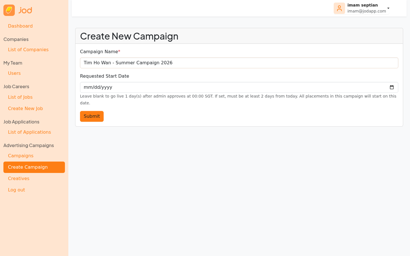 Create campaign form filled