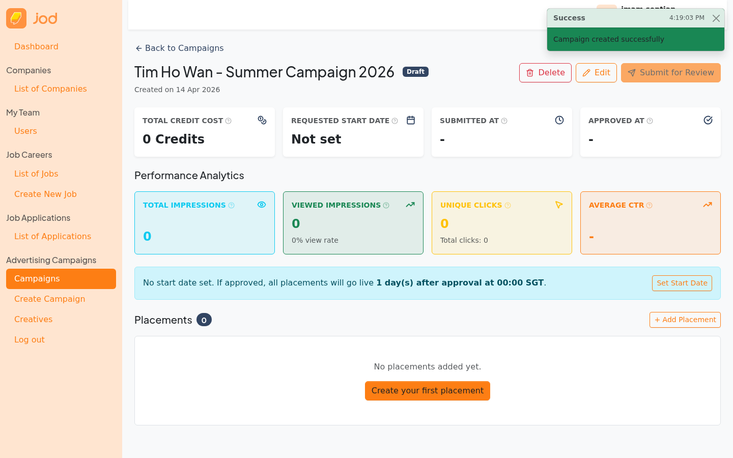 Campaign detail - no placements