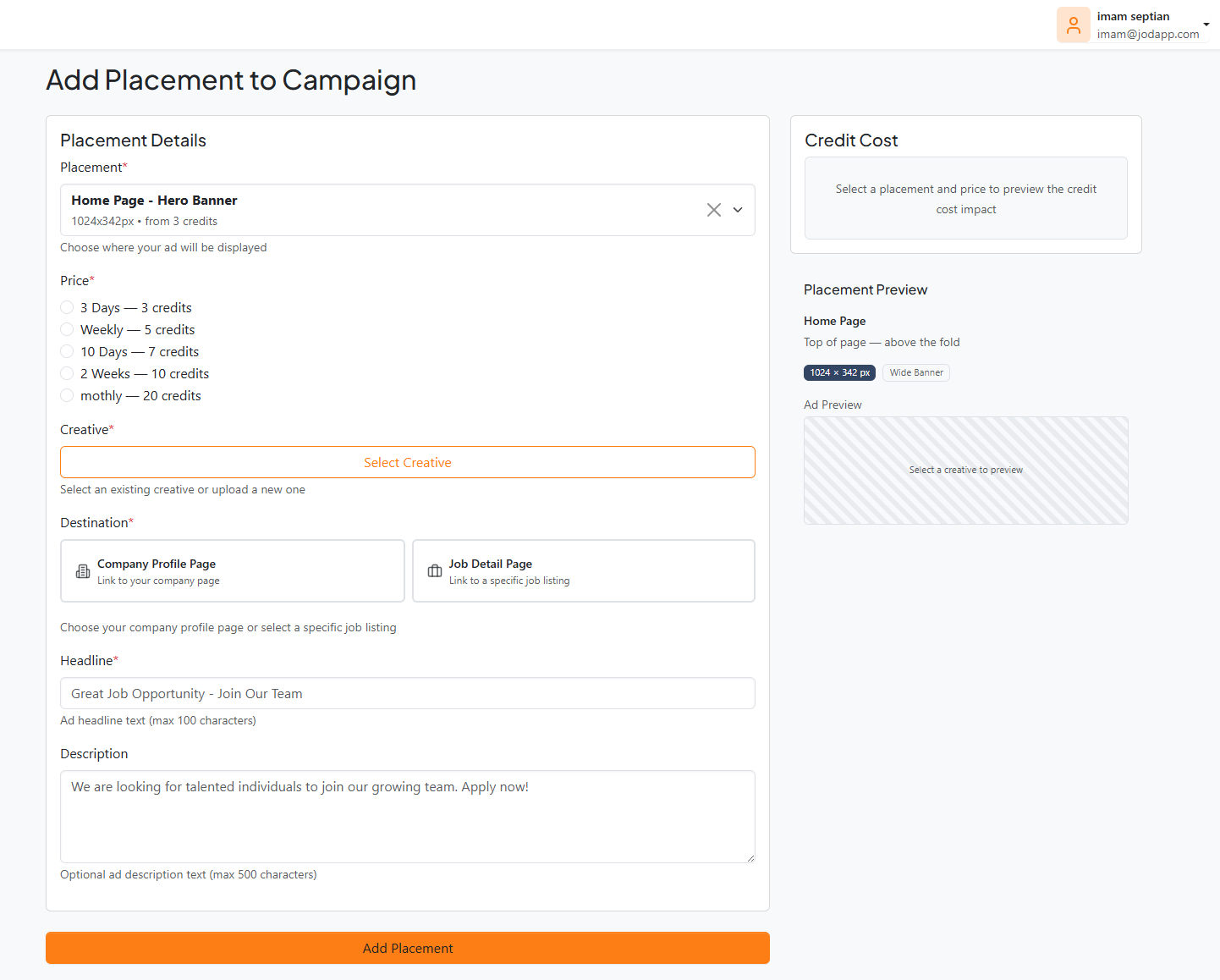 Add placement form - empty