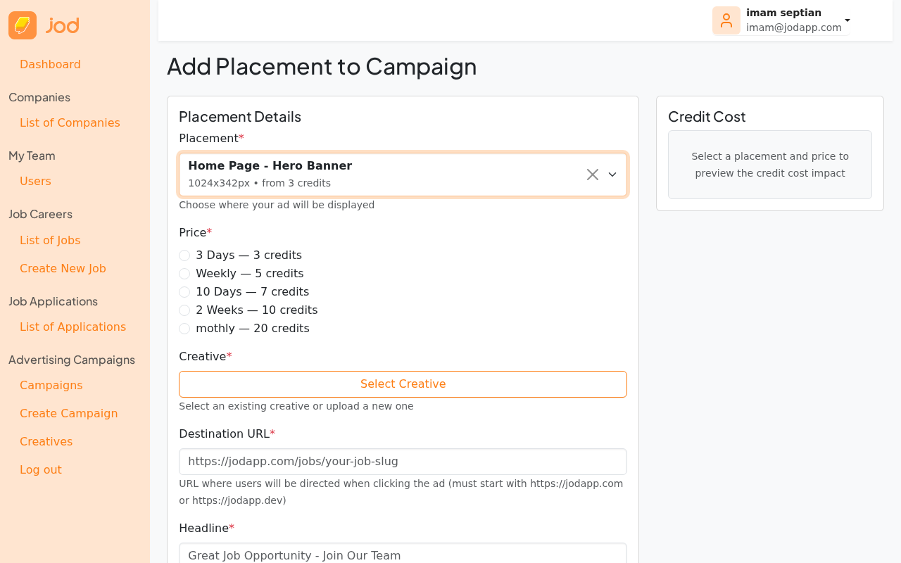 Placement selected in form