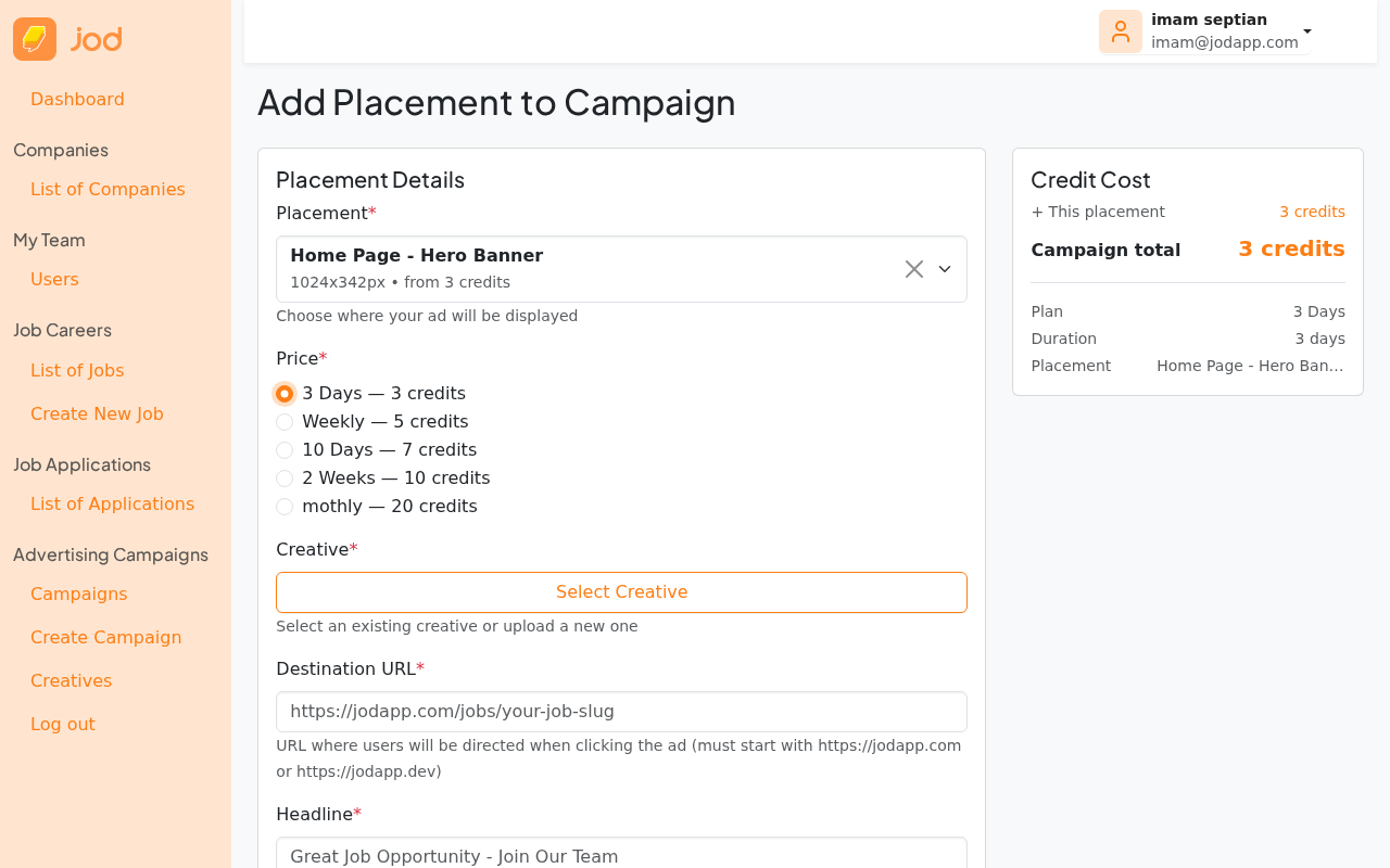 Price option selected