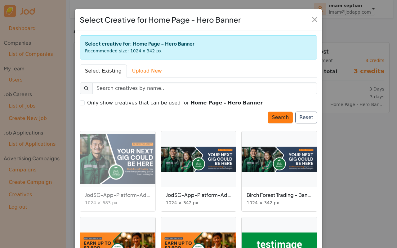 Creative modal — Select Existing tab
