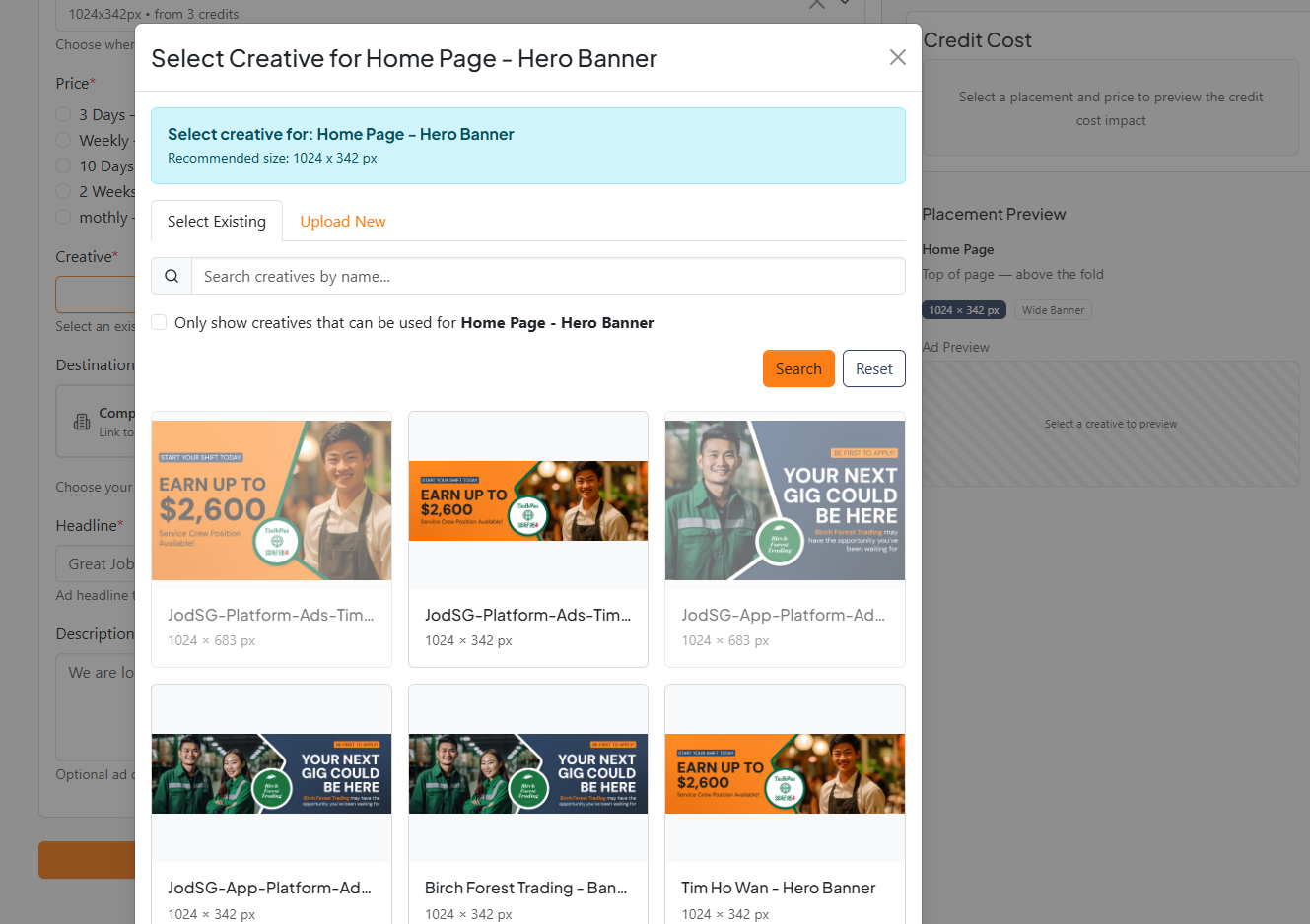 Creative modal — Select Existing tab