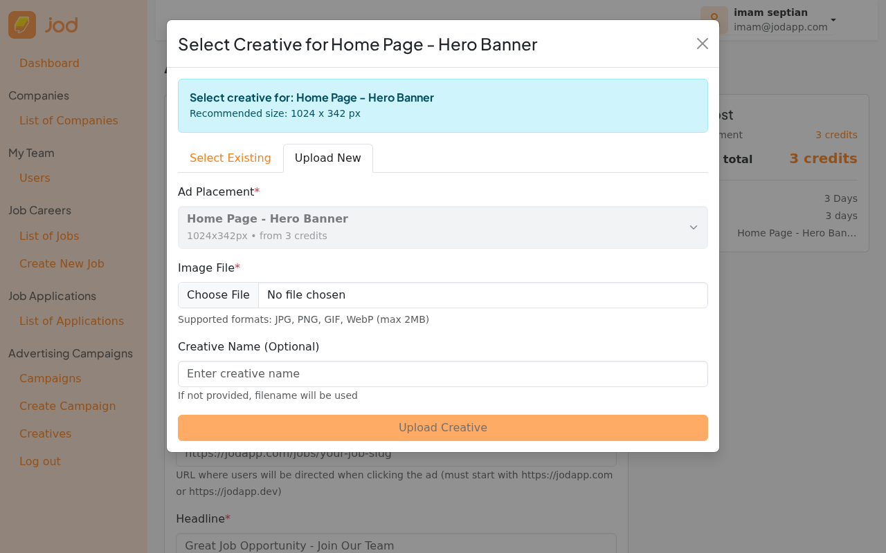 Creative modal — Upload New tab