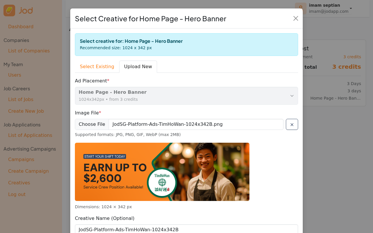 Creative modal — upload form filled and ready