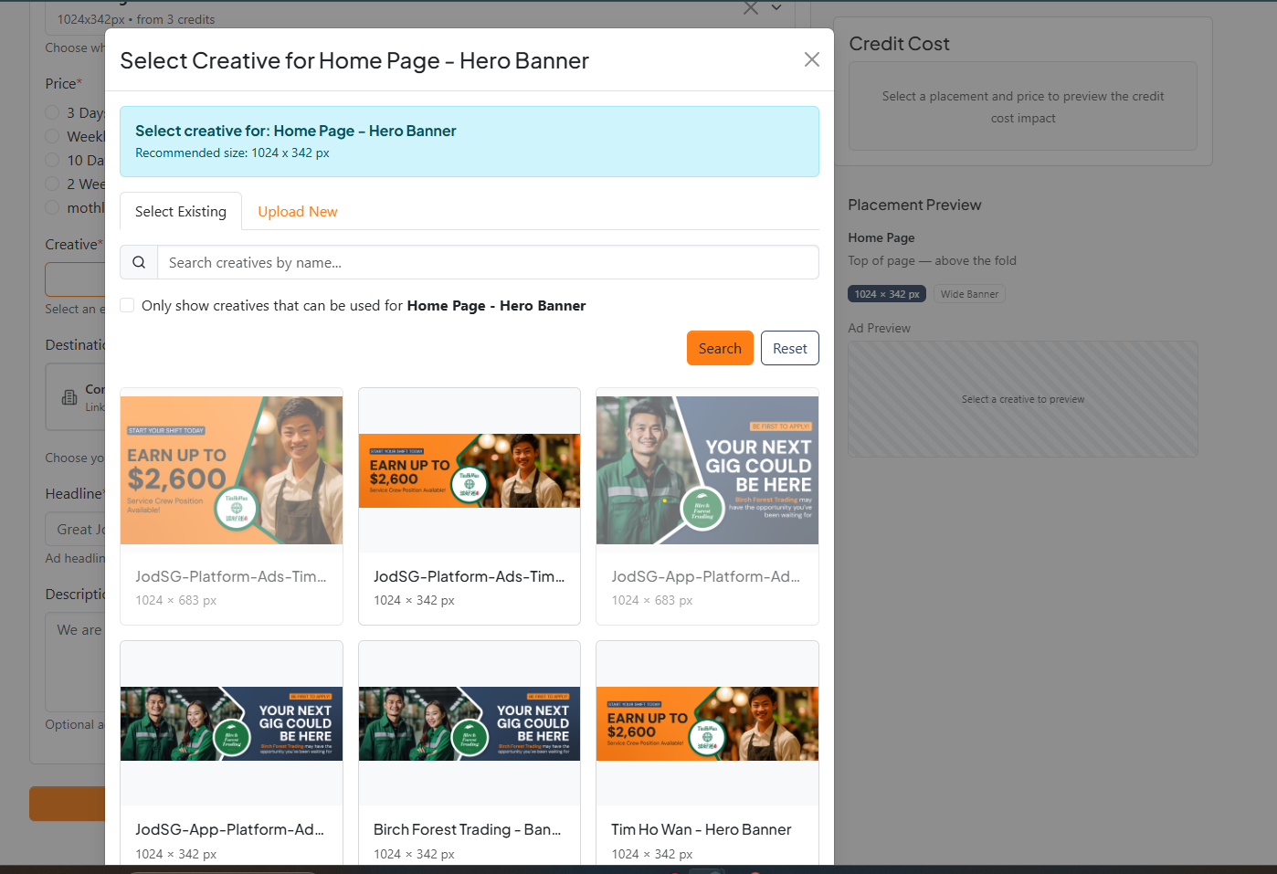 Creative modal — new creative visible, ready to select