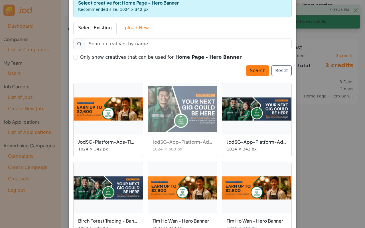 Creative modal — new creative visible, ready to select