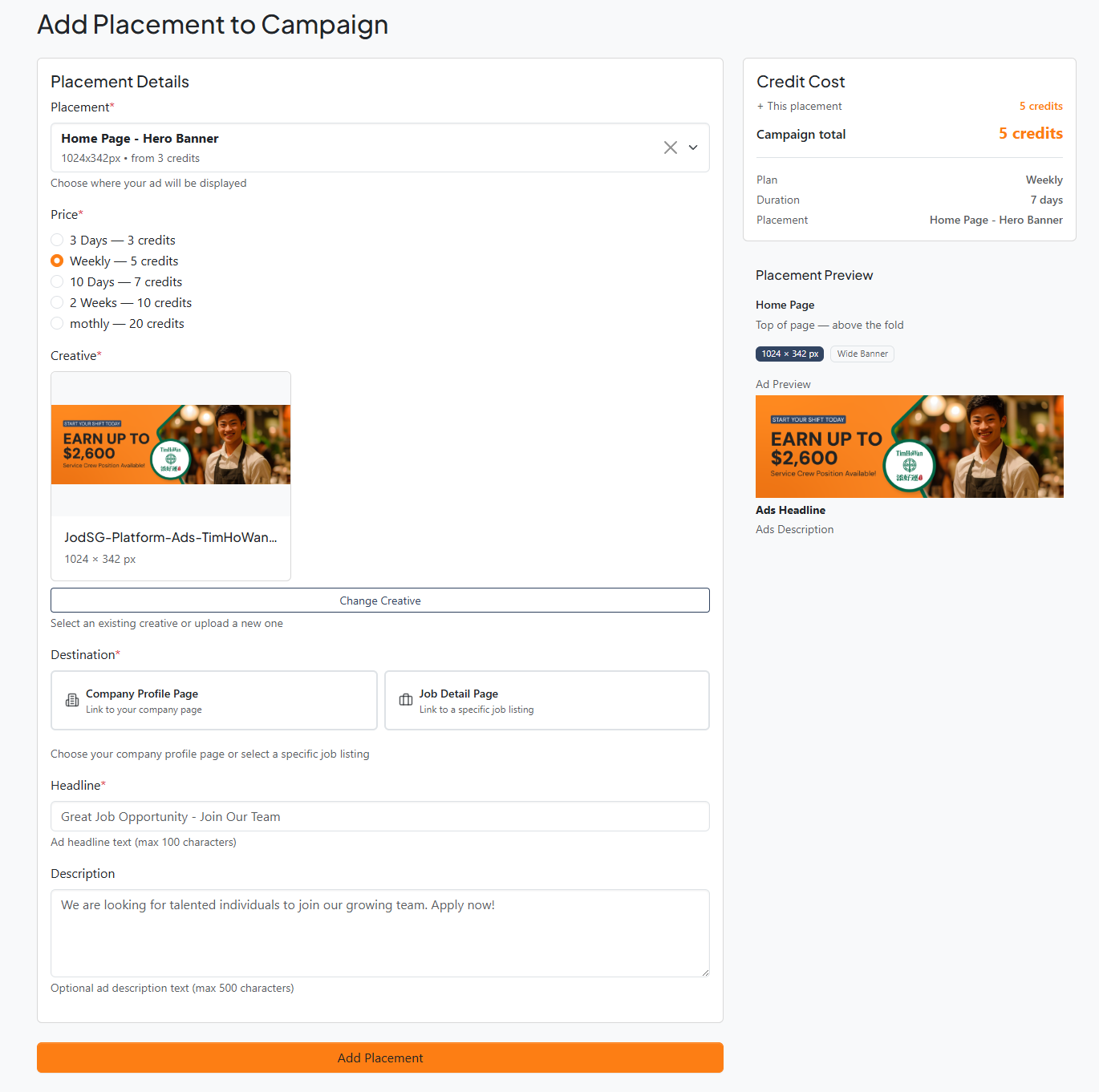 Add placement form — creative selected