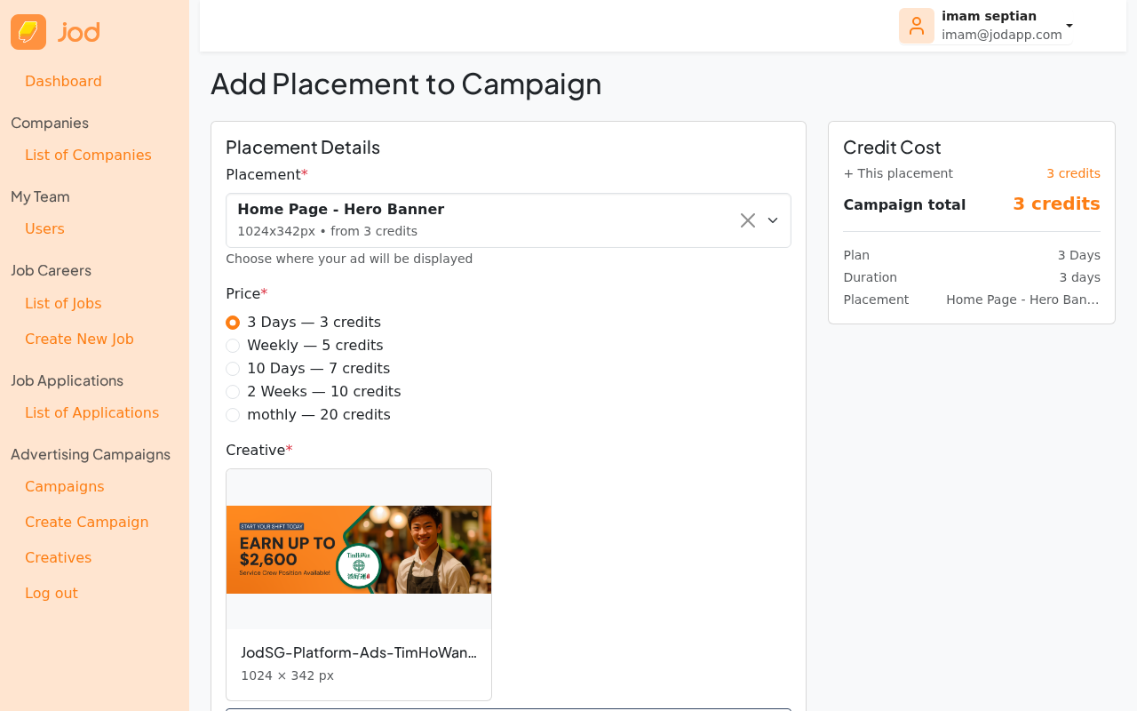 Add placement form — creative selected