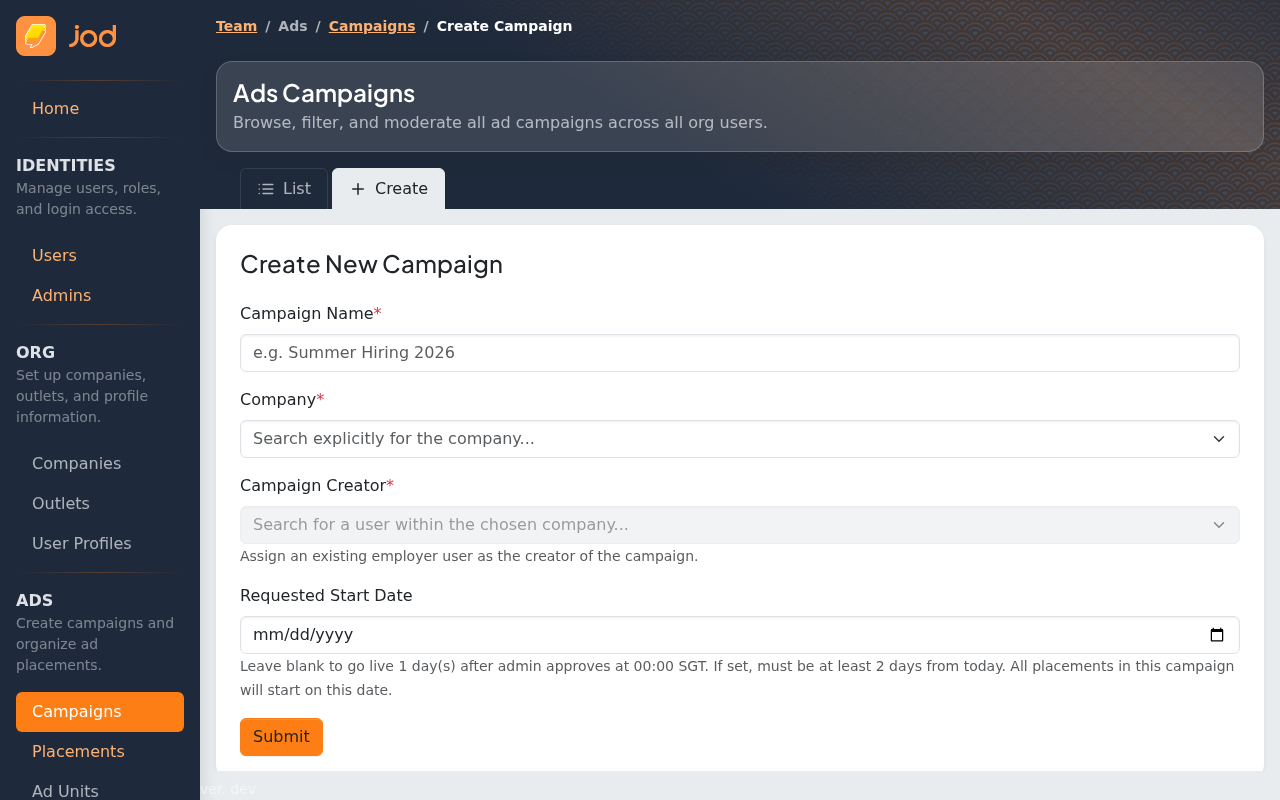 Admin create campaign form — extra Company and Created By fields