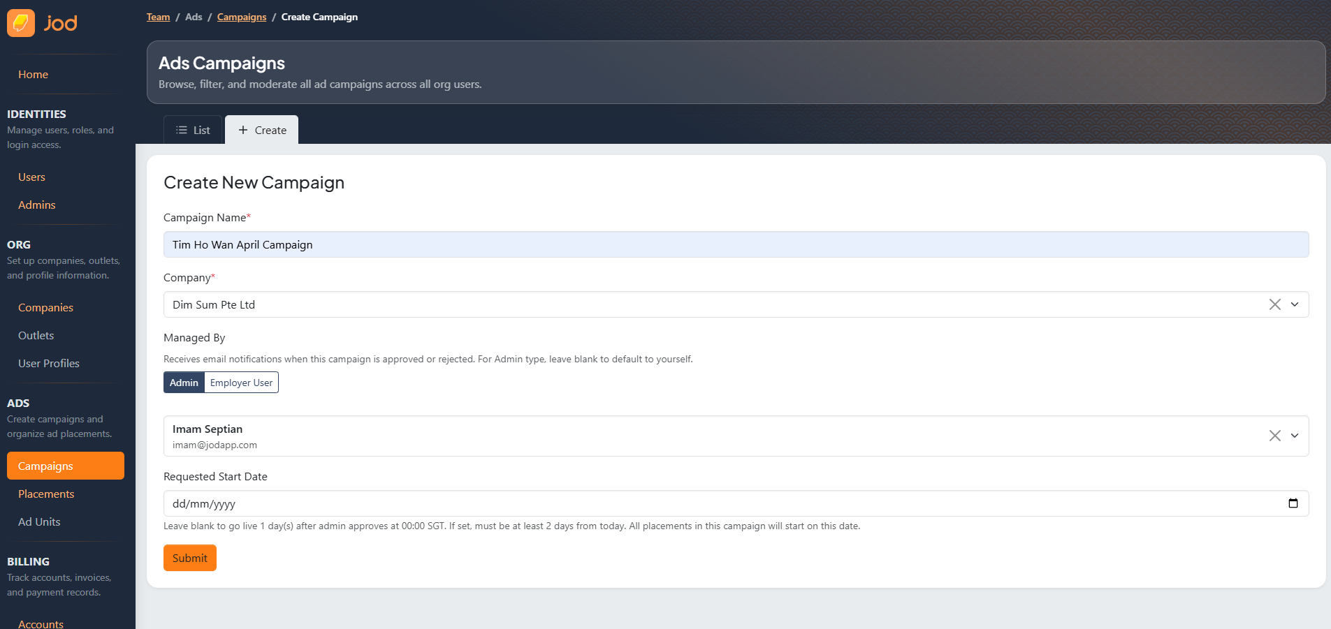 Admin create campaign form — filled