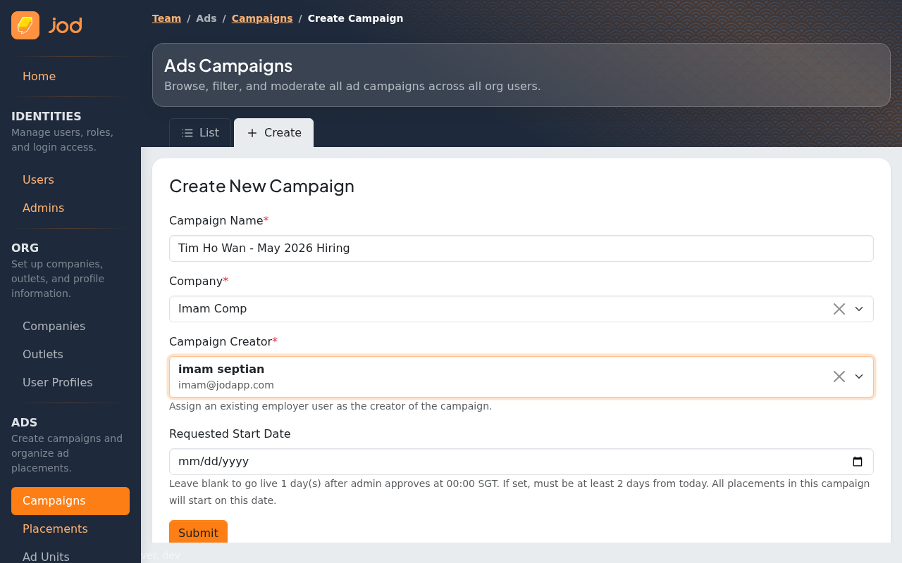Admin create campaign form — filled