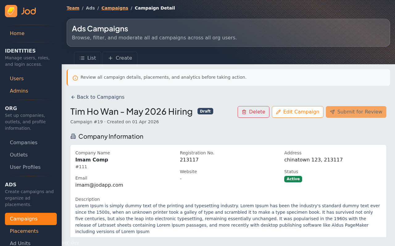 Admin campaign detail — draft status showing all action buttons