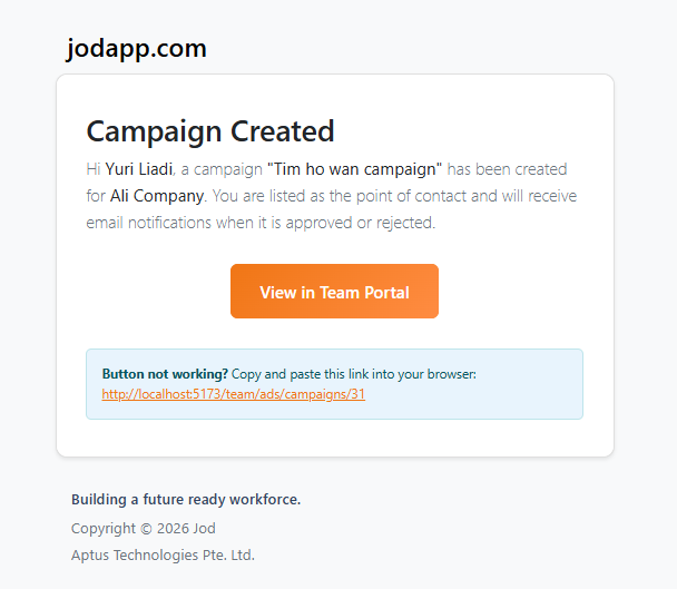 Email notification — created by admin, managed by admin