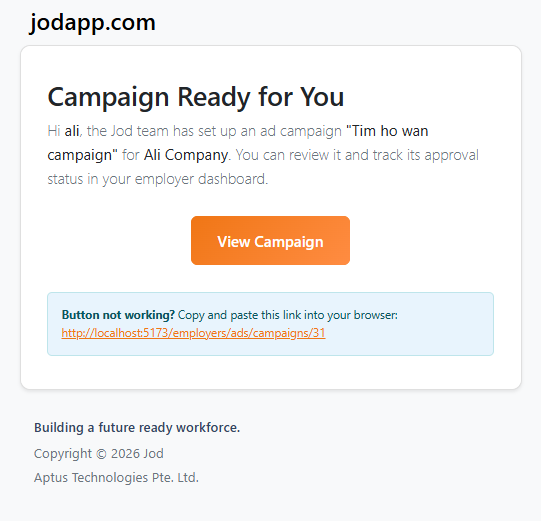 Email notification — created by admin, managed by company user