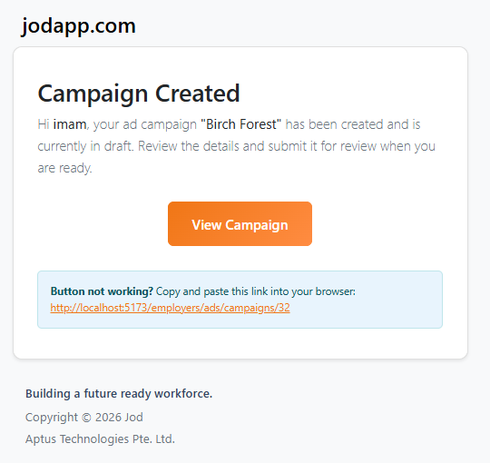 Email notification — created by company user