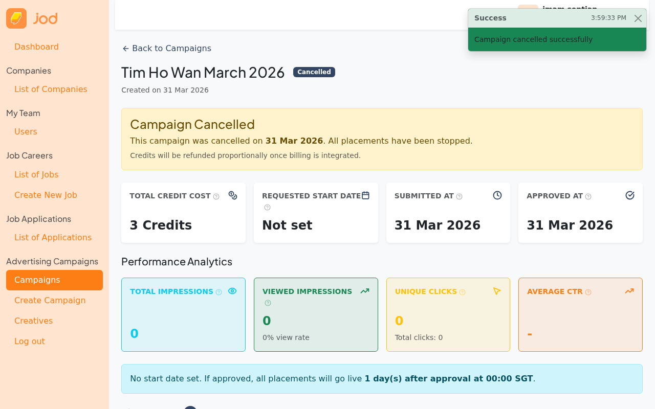 Campaign after cancellation — Cancelled status