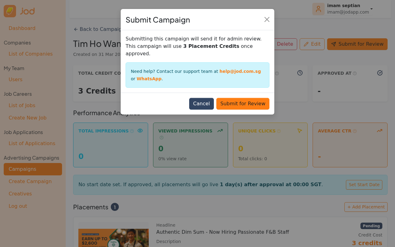 Submit for review confirmation modal
