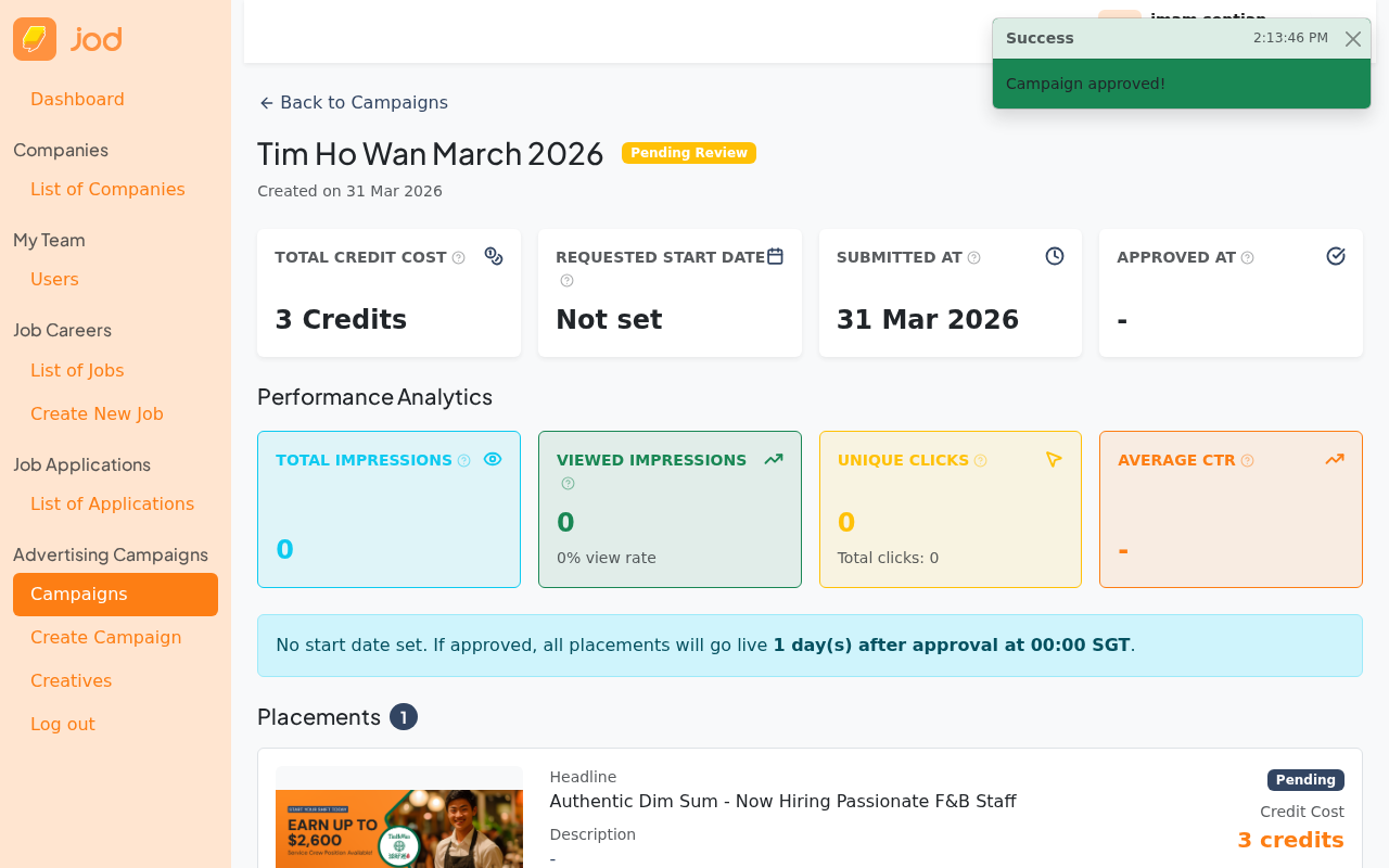 Campaign now pending review