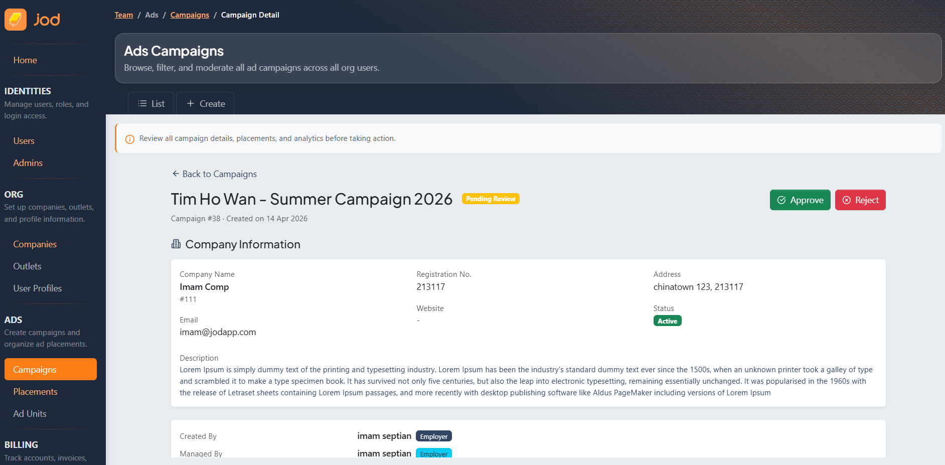 Admin campaign detail page