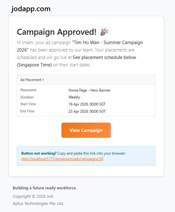 Approval notification email