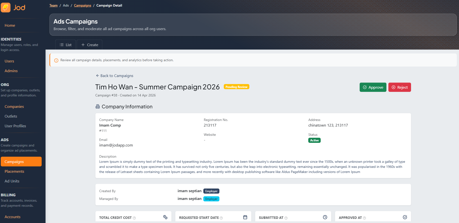 Admin Detail showing Approve/Reject buttons