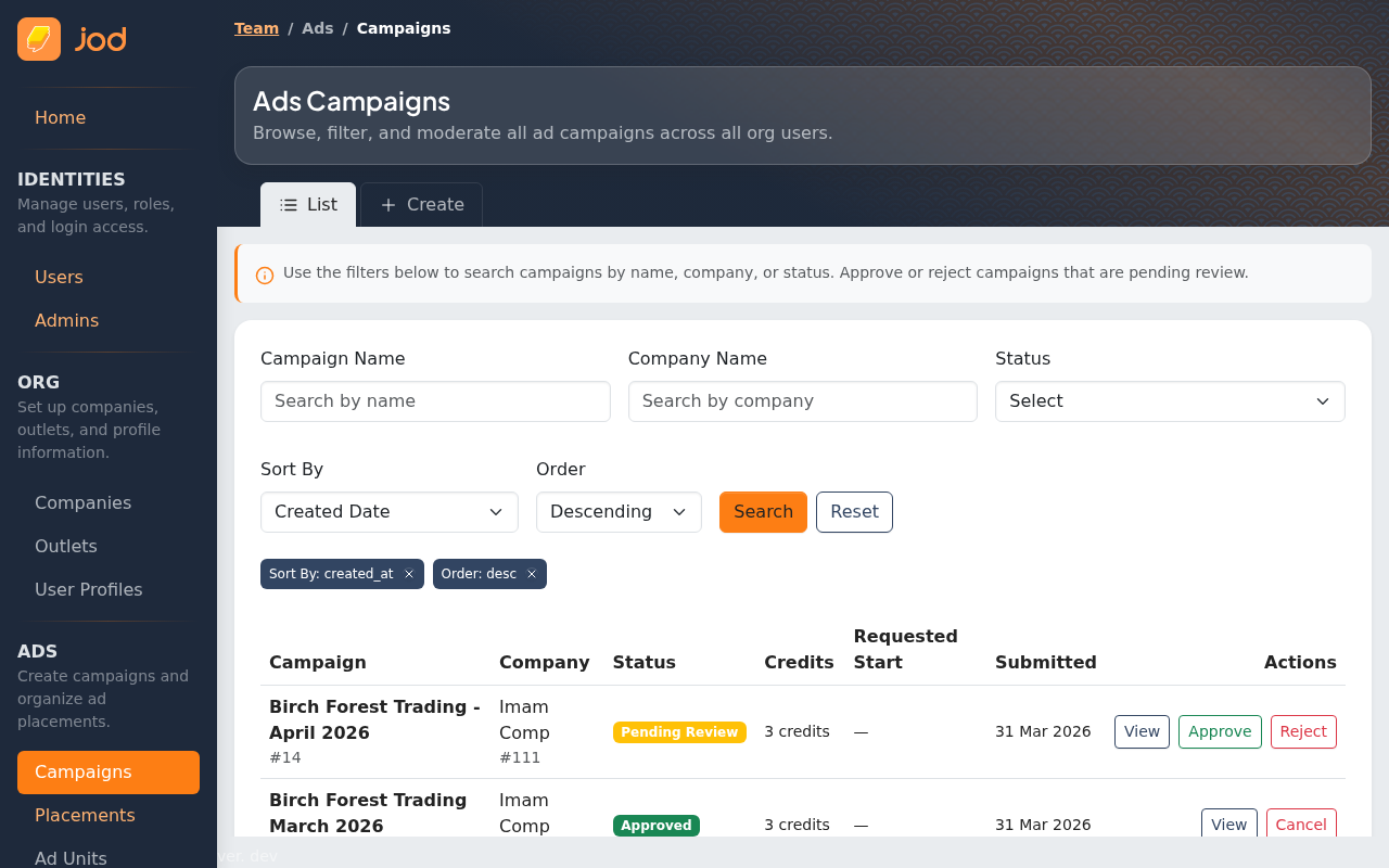 Admin list showing Approve/Reject buttons