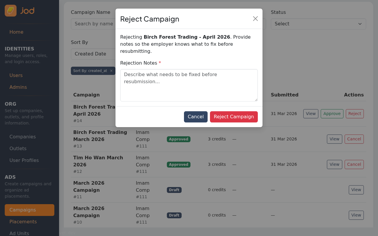 Reject campaign dialog