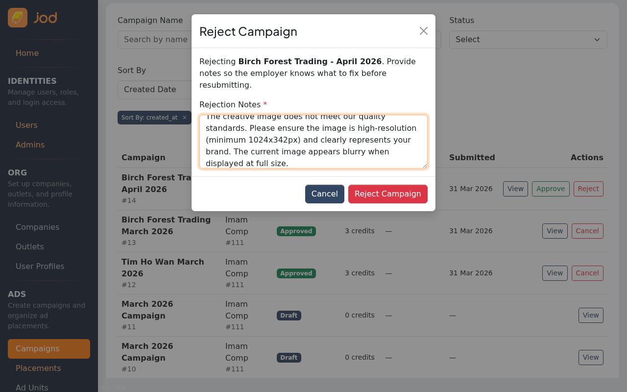 Rejection notes filled in