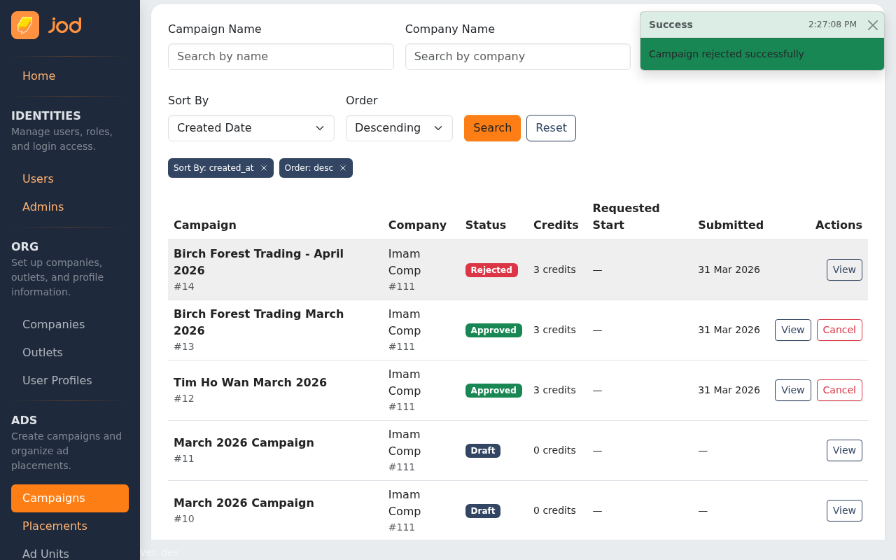 Campaign rejected in admin list