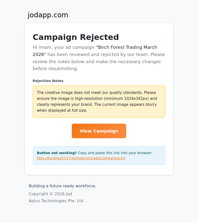 Rejection notification email