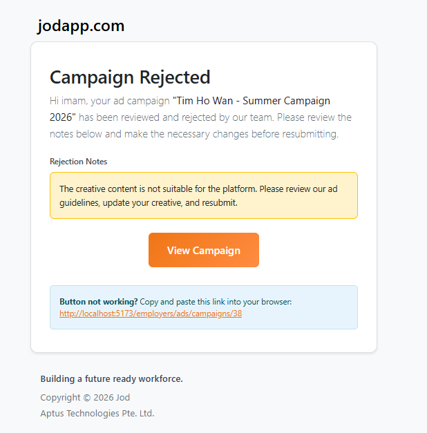 Rejection notification email