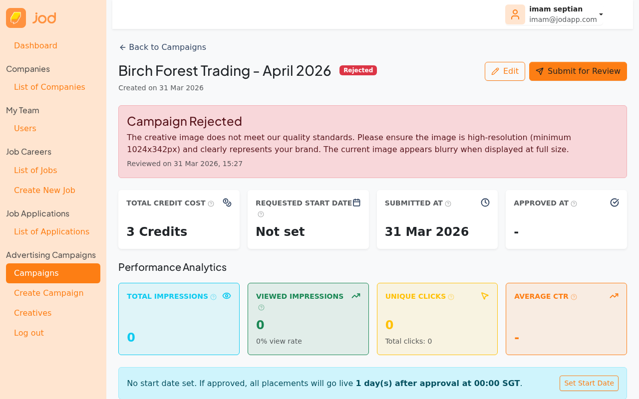 Rejected campaign detail with rejection note