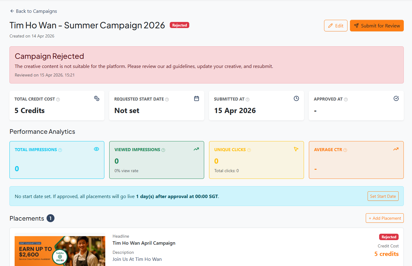 Rejected campaign detail with rejection note