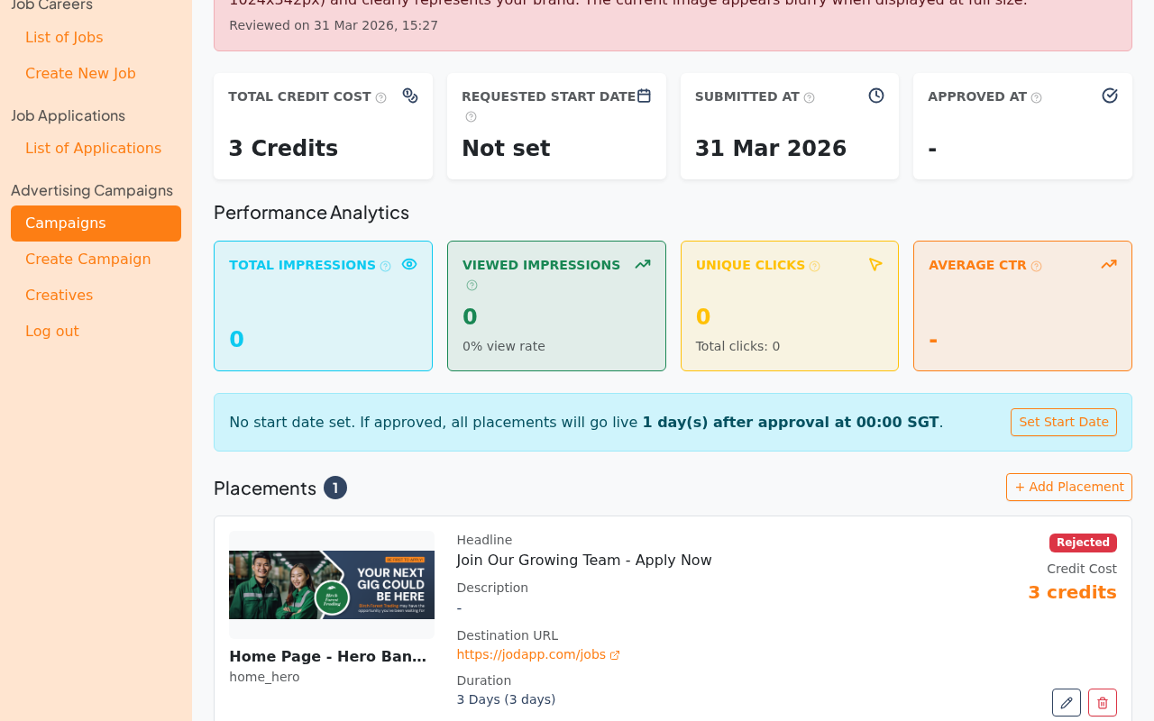 Rejected campaign — placements listed with Edit option