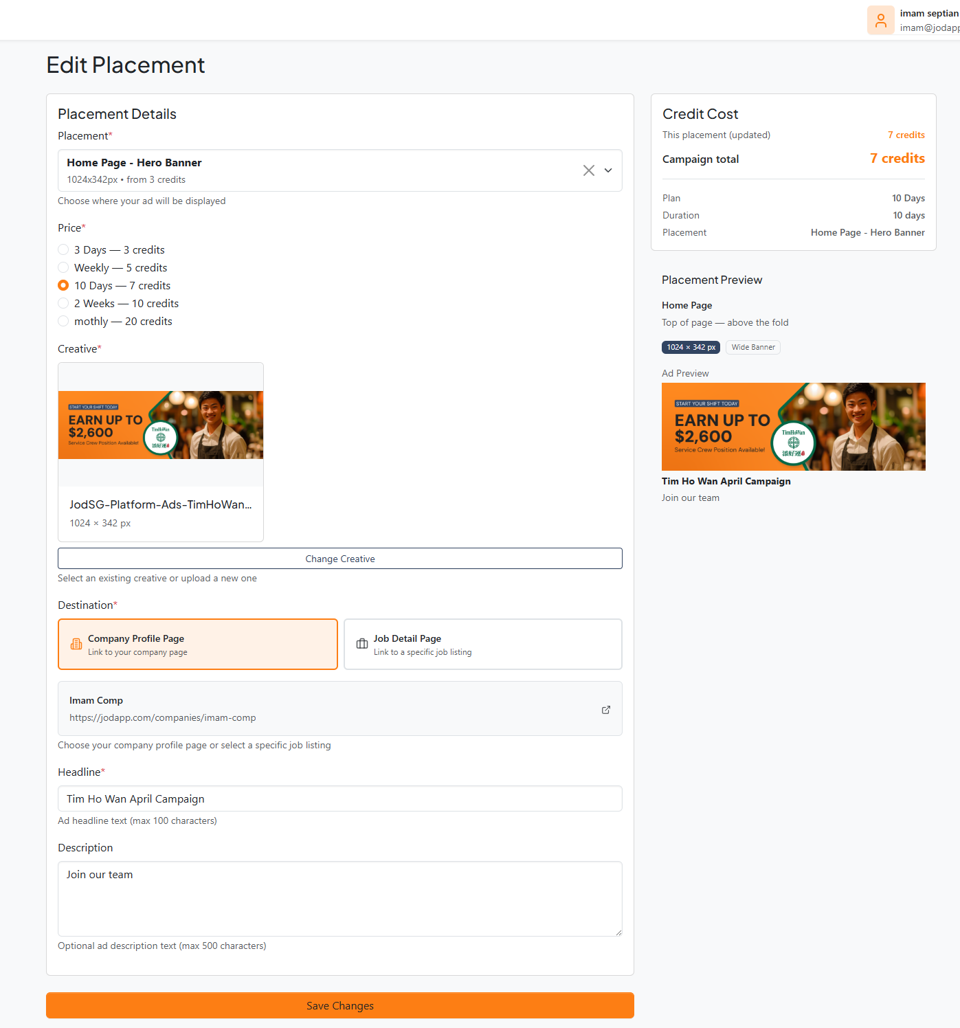 Edit placement form